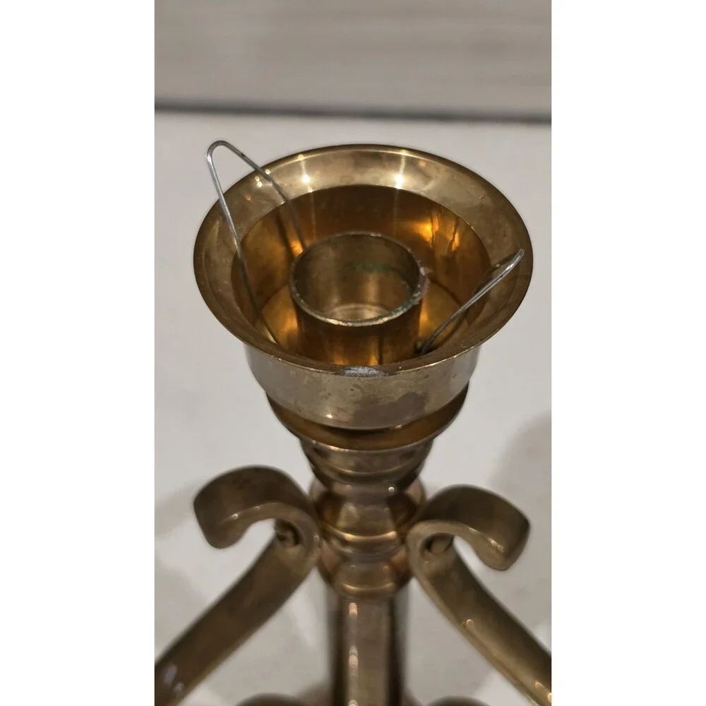Vintage HEAVY Brass Tapered Candlestick Holder With 3 Scrolled Legs